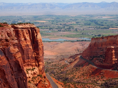 [Closer view of the town as seen between the two sides of the canyon wall.]